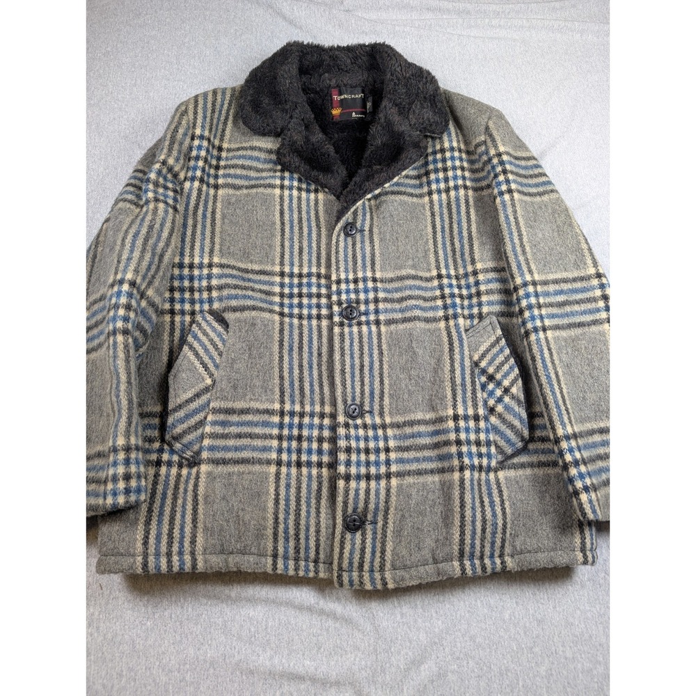 Vintage Towncraft Plaid Wool Jacket Faux Fur Lined Mens Lrg JC Penney Blue Gray